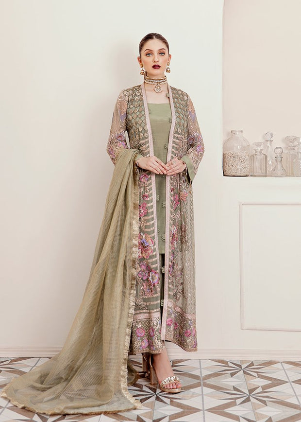 Pakistani Chiffon Party Gown Dress in Green Color