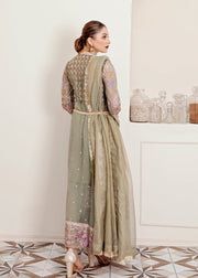 Pakistani Chiffon Party Gown Dress in Green Color Backside Look
