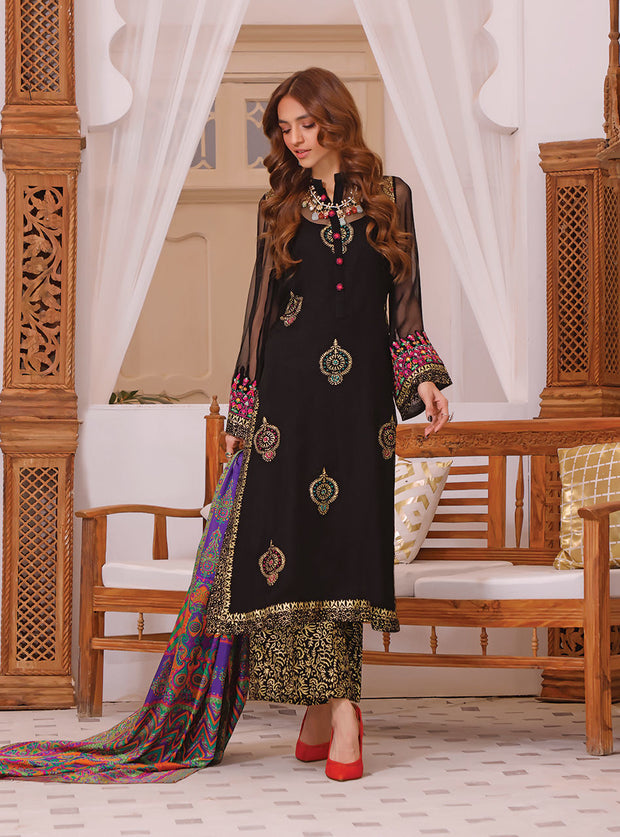 Pakistani Chiffon Salwar Kameez in Black Color for Eid Day Nameera by Farooq