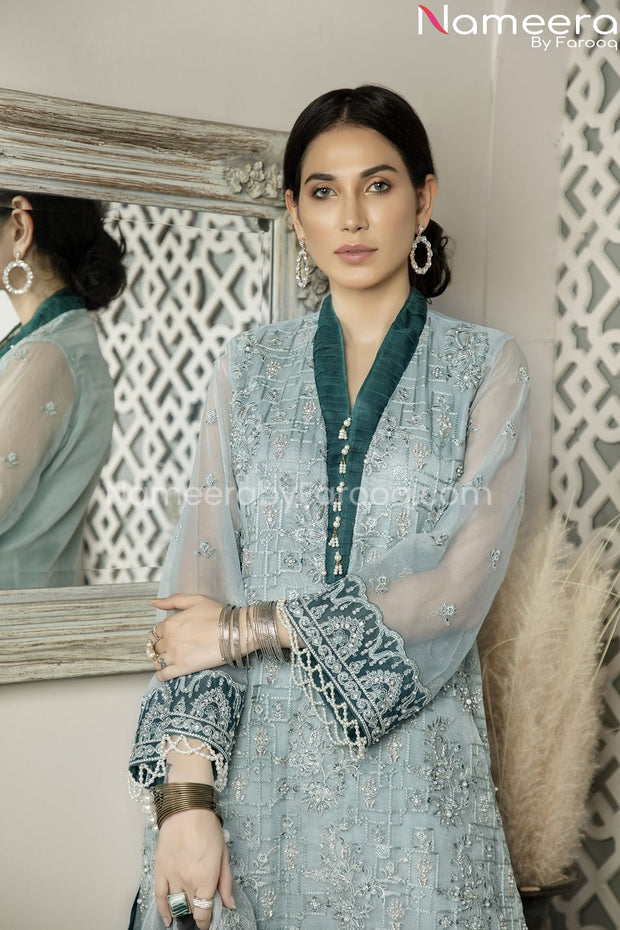 Pakistani Chiffon Shirt Dress with Choridar Pajama Neckline Look