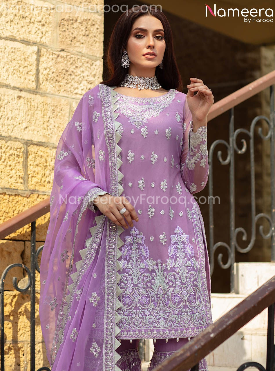 purple colour light purple pakistani dresses Purple Georgette Salwar Suit with Embroidery