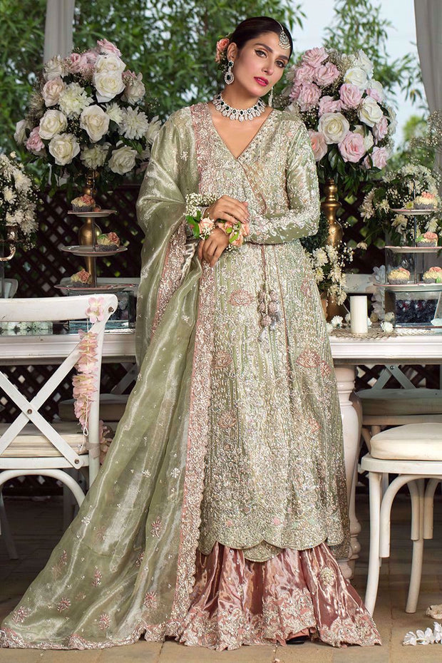 Pakistani Designer Angrakha Frock in Green Color