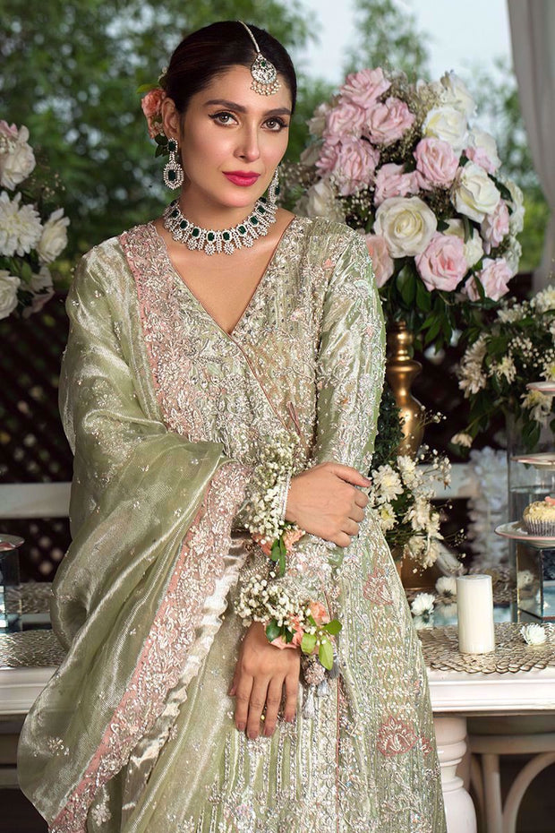 Pakistani Designer Angrakha Frock in Green Color #Y6064