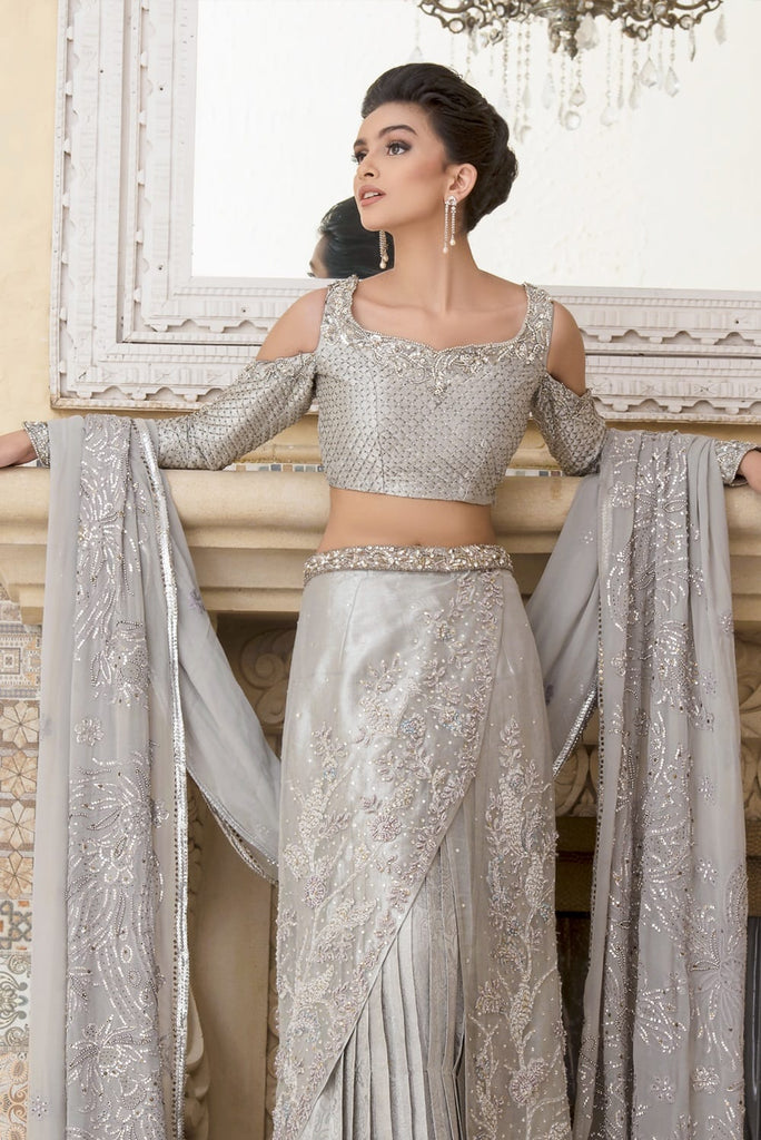 Pakistani Designer Bridal Saree in Silver Color Nameera by Farooq