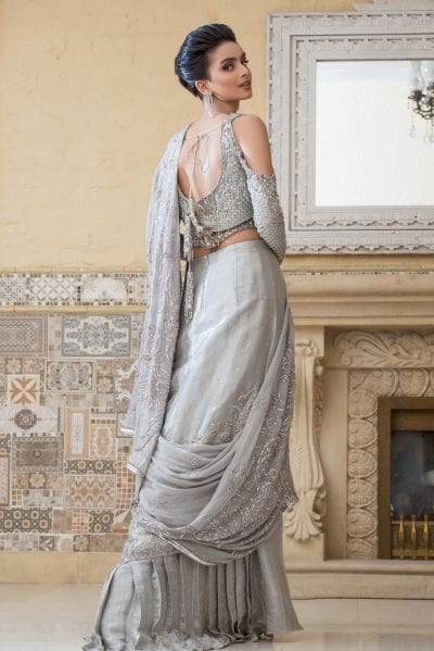 Pakistani Designer Bridal Saree in Silver Color Side Pose