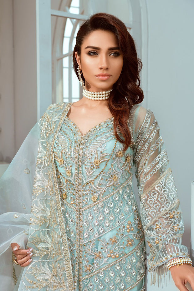 Pakistani Designer Chiffon Wear in Turquoise Color Close Up