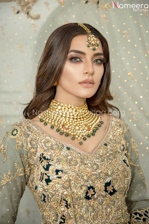 Pakistani Designer Lehenga for Bride Online Neckline Embroidery