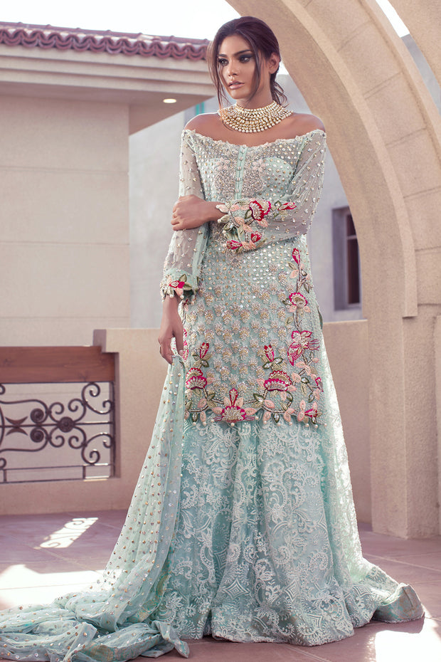 Pakistani Designer Net Lehnga in Turquoise Color
