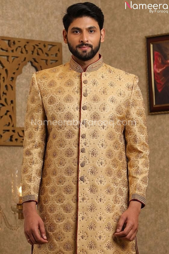 Pakistani Designer Sherwani for Groom Online Closeup View