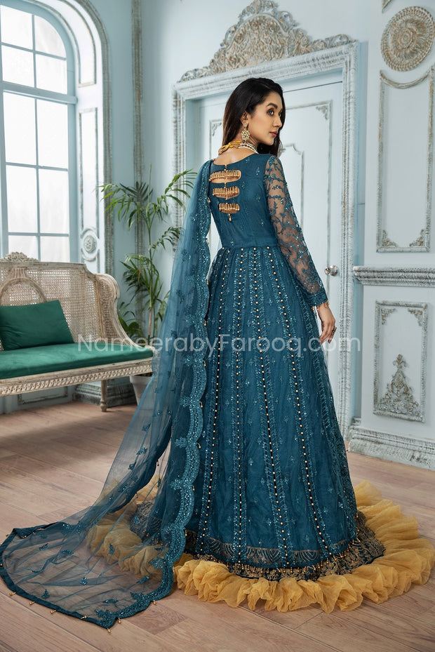 Formal Pakistani Frock Dress in Teal Blue Shade Online 2021 Nameera by Farooq