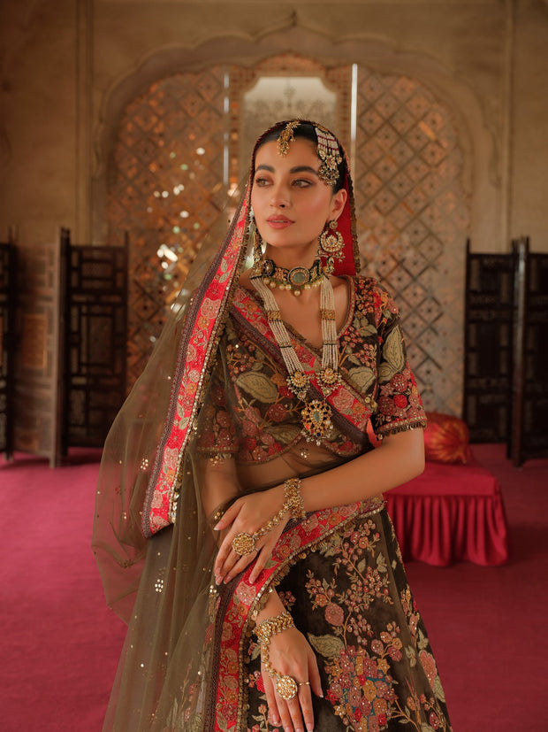Pakistani Dress in Bridal Floral Lehenga Choli Dupatta Style
