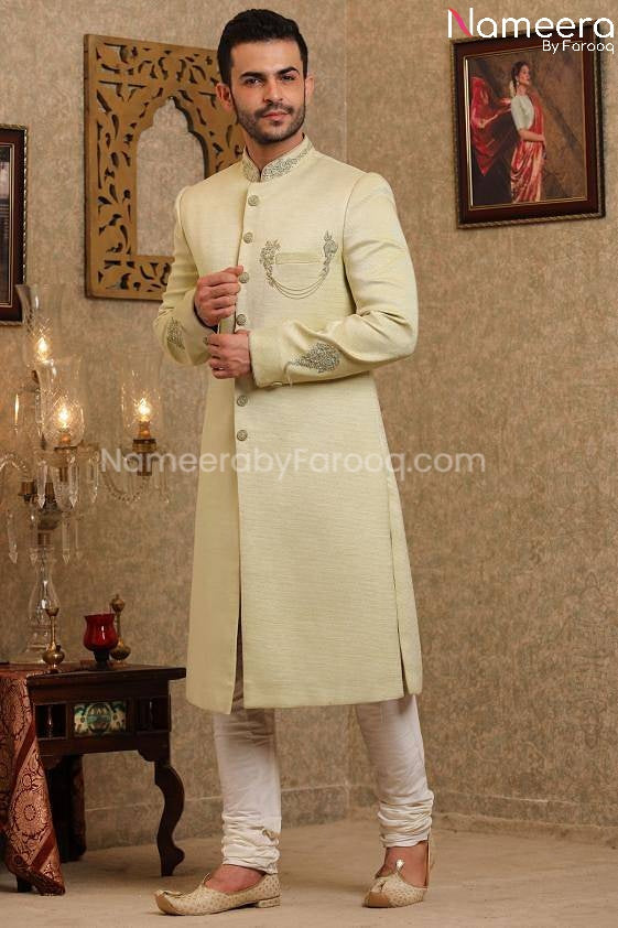 Pakistani Dulha Dress in Cream Color for Wedding Front Look