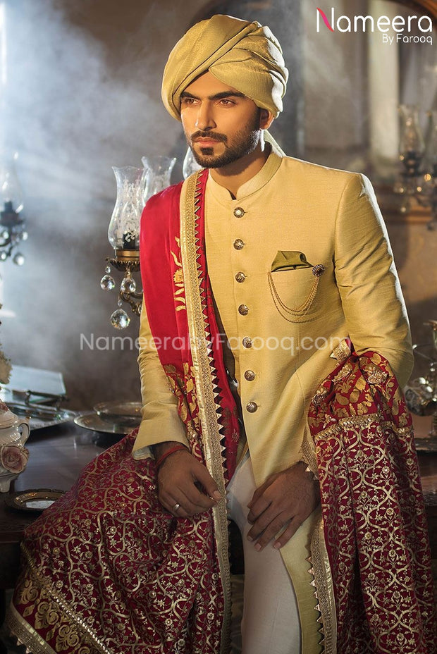 Pakistani Dulha Sherwani in Mint Green color 2021 Front and Shawl Look