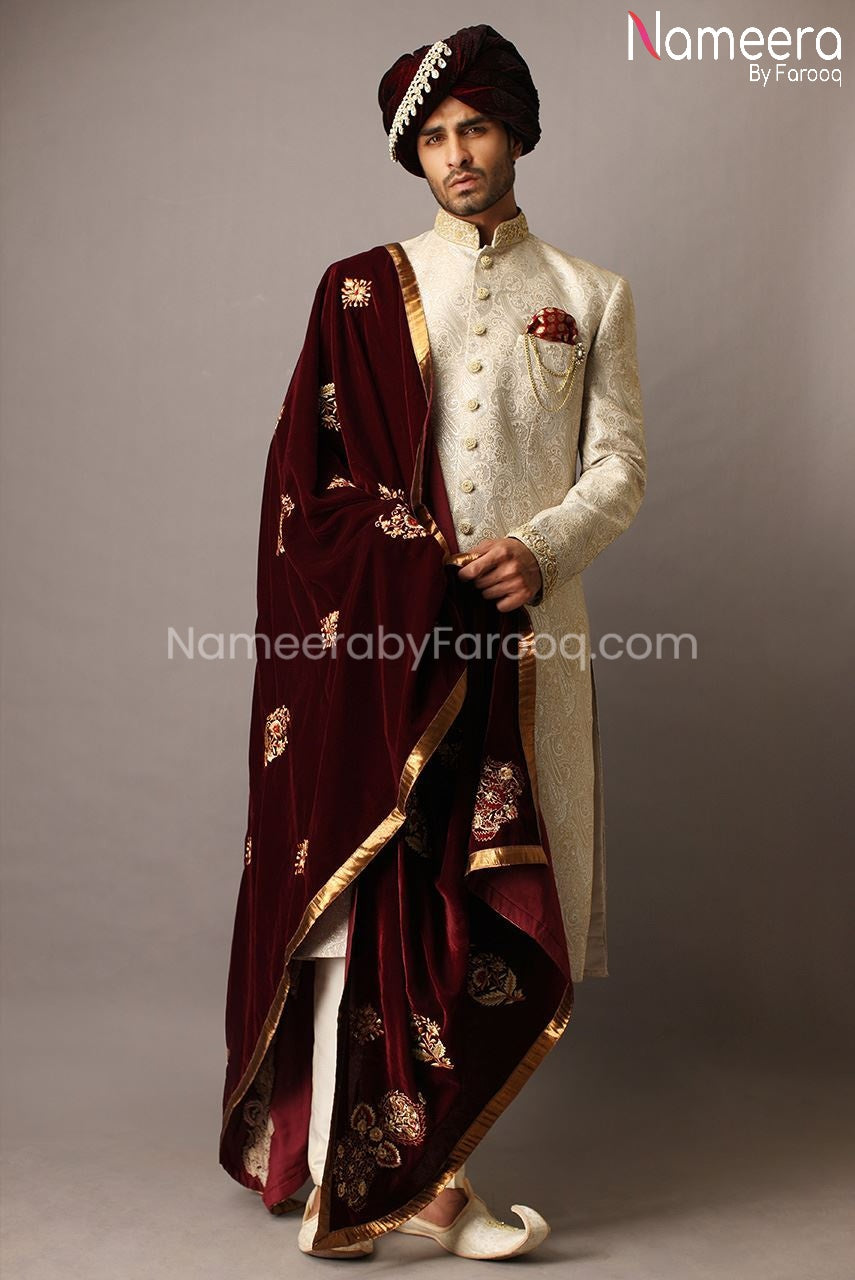 Pakistani Dulha Wedding Sherwani with Velvet Shawl