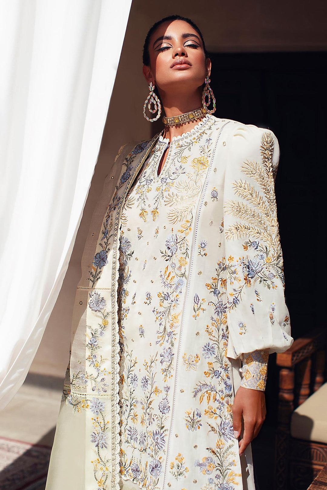Embellished White Lawn Frock with Churidar Pakistani Eid Dress – Nameera by  Farooq