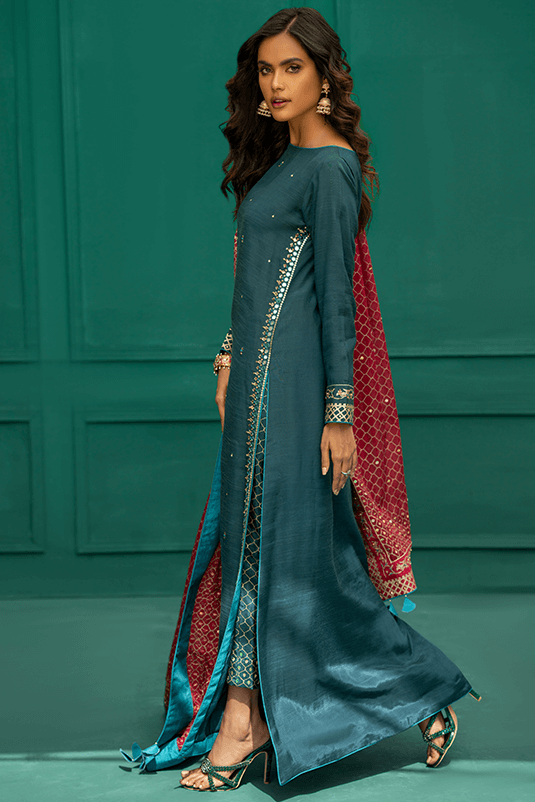Pakistani Eid Dresses in Blue Long Kameez Trouser Style 2022