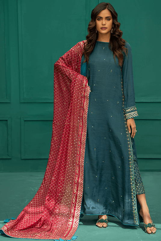 Pakistani Eid Dresses in Blue Long Kameez Trouser Style SMALL Pakistani Eid Dresses in Blue Long Kameez Trouser Style SMALL