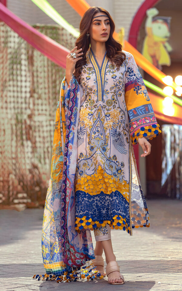 Pakistani Eid Dresses in White and Blue Kameez Salwar