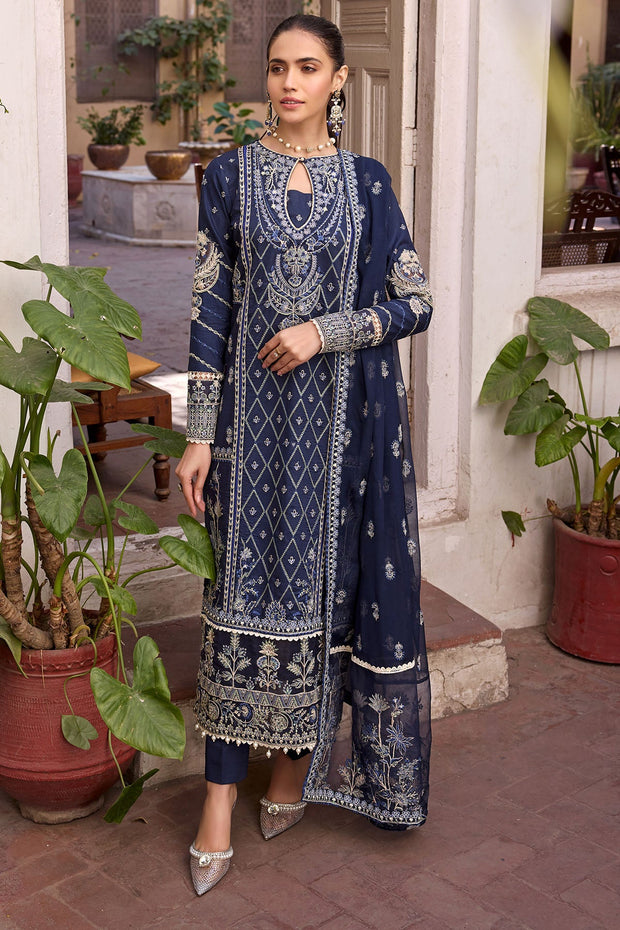 Pakistani Eid Dress in Blue Embroidered Long Kameez Trousers