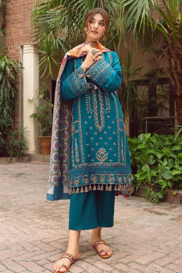 Pakistani Eid Dress in Blue Lawn Kameez Trouser Style Online