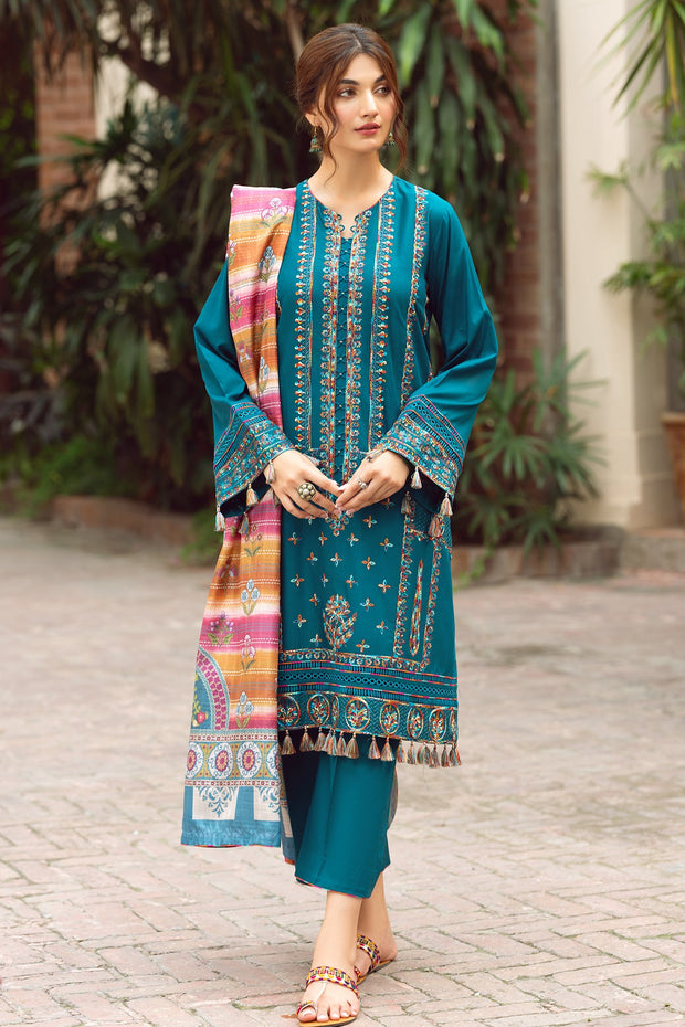 Pakistani Eid Dress in Blue Lawn Kameez Trouser Style