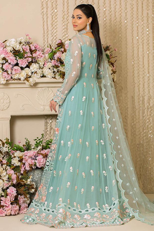 Pakistani Eid Dress in Embroidered Net Frock Dupatta and Raw Silk Trousers Style