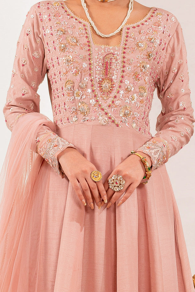 Pakistani Eid Dress in Raw Silk Soft Pink Pishwas Style Online