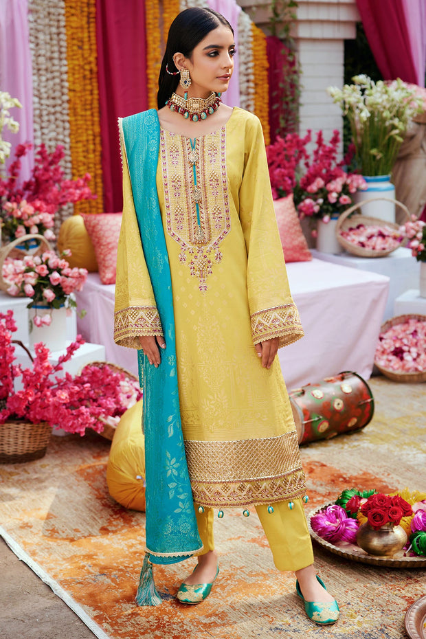 Pakistani Eid Dress in Yellow Kameez Trousers and Blue Dupatta 2023