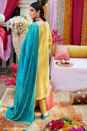 Pakistani Eid Dress in Yellow Kameez Trousers and Blue Dupatta