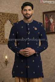 Pakistani Elegant Blue Sherwani for Groom Online Closeup View