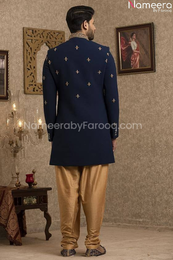 Pakistani Elegant Blue Sherwani for Groom Online Backside View