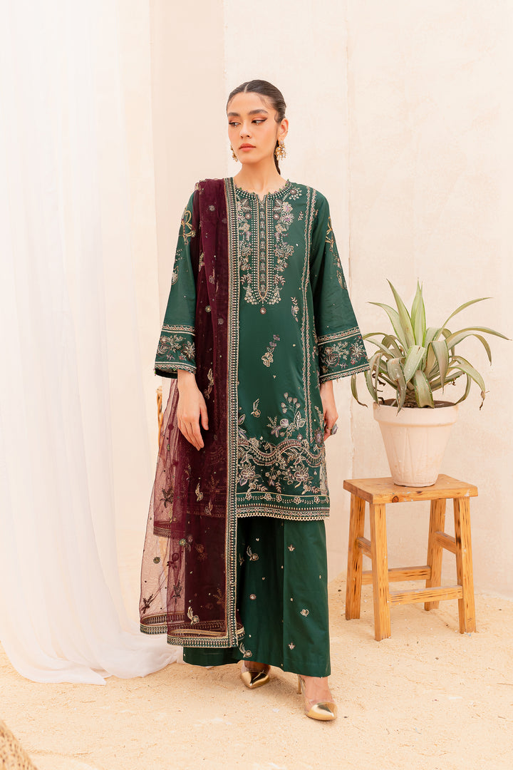 Pakistani Embellished Lawn Kameez Trousers in Bottle Green Color
