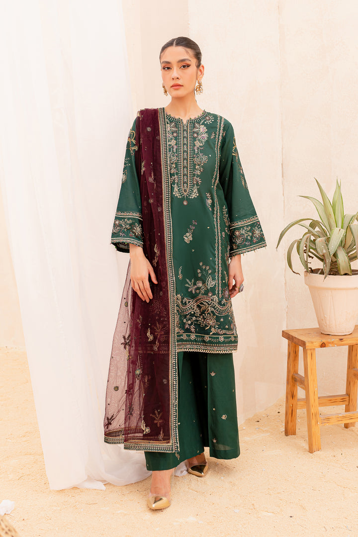 Pakistani Embellished Lawn Kameez Trousers in Bottle Green Color 2023