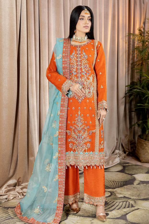 Shop Pakistani Orange Long Kameez Trousers Party Dress Nameera by Farooq Shop Pakistani Orange Long Kameez Trousers Party Dress Nameera by Farooq