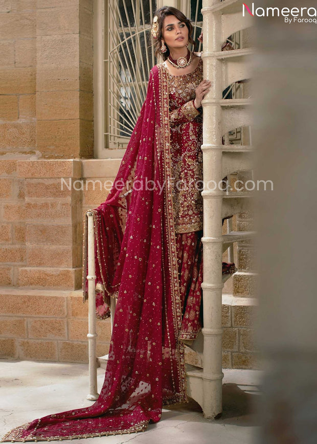 Pakistani Embellished Red Bridal Sharara Dress 