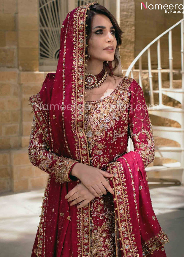 Pakistani Embellished Red Bridal Sharara Dress 