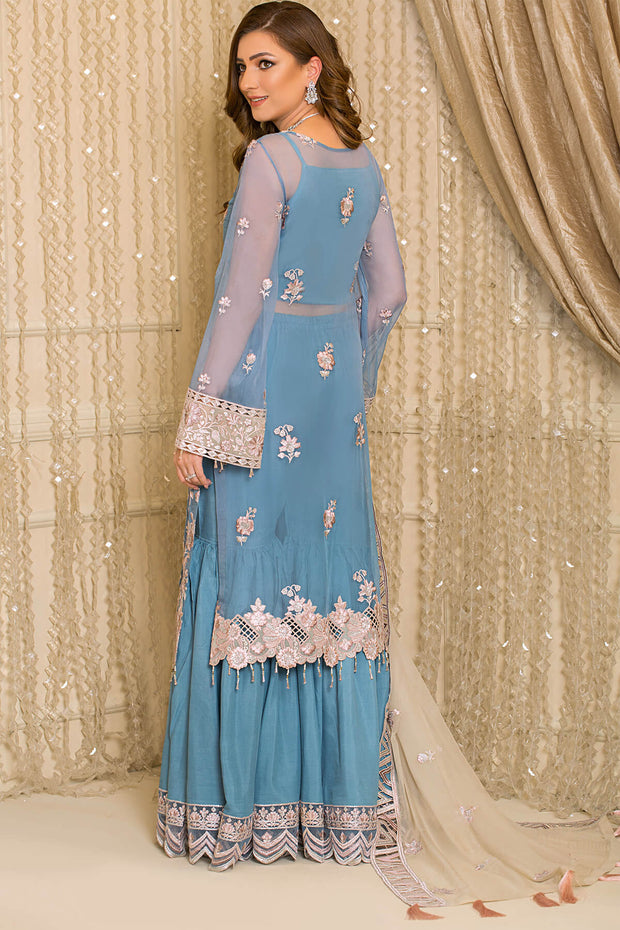 Pakistani Embroidered Blue Dress in Embroidered Chiffon Kameez and Raw Silk Trousers for Eid