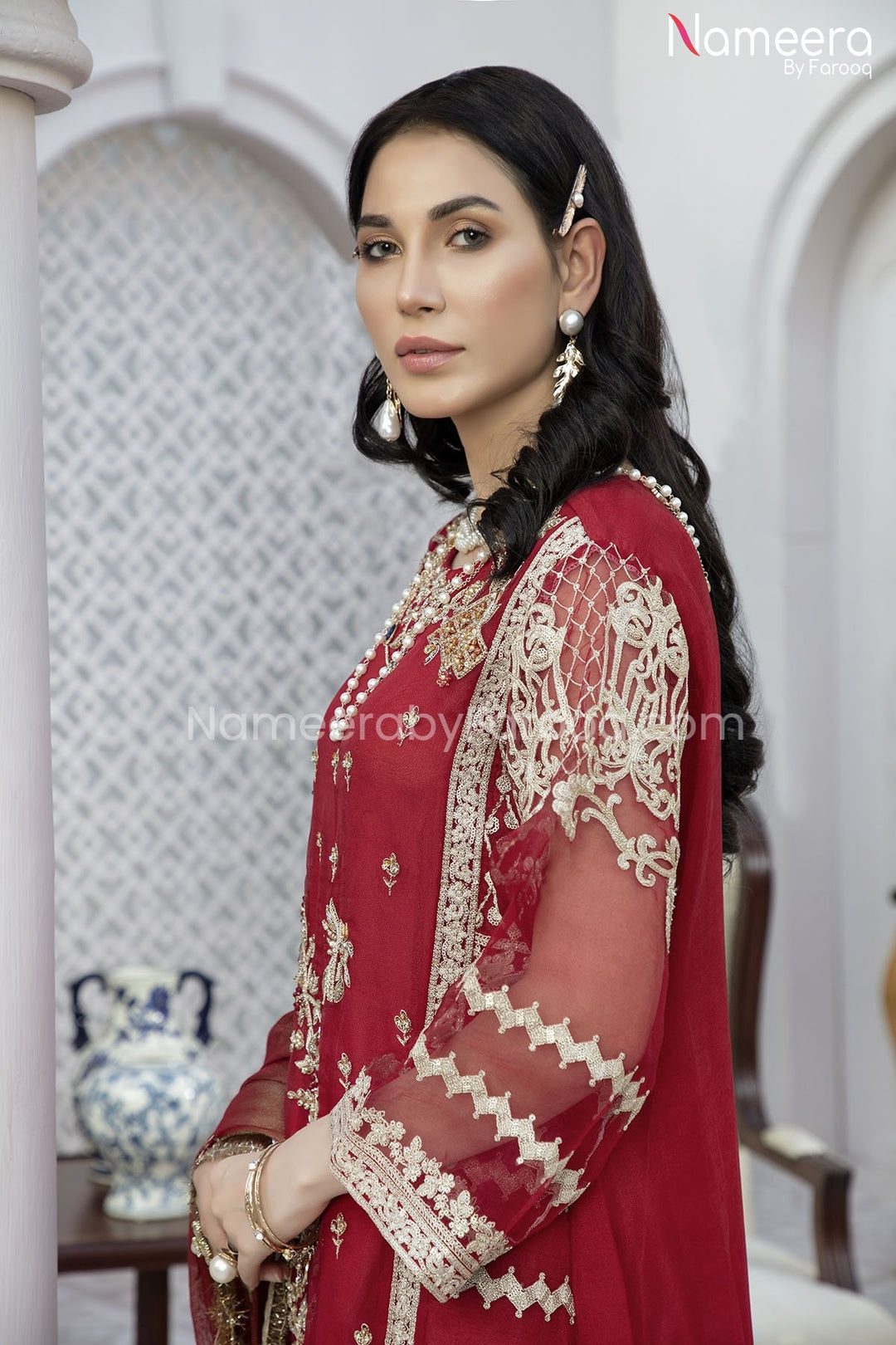 Pakistani Embroidered Chiffon Dress for Party Embroidered Sleeves