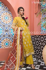 Pakistani Embroidered Chiffon Dress in Yellow Color