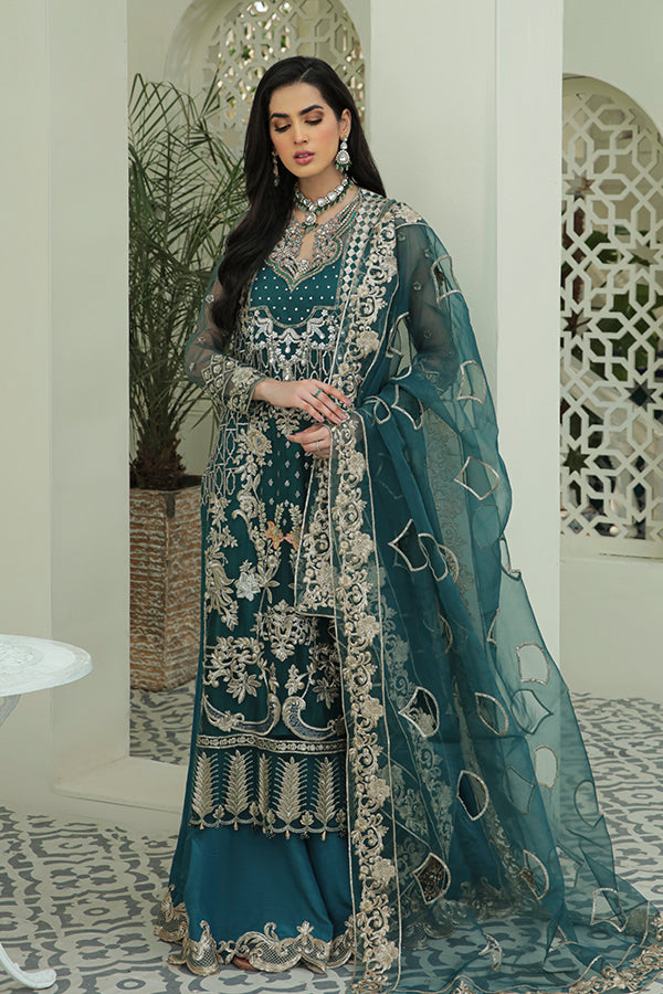 Pakistani Embroidered Dress in Kameez Trouser and Organza Dupatta Style for Eid