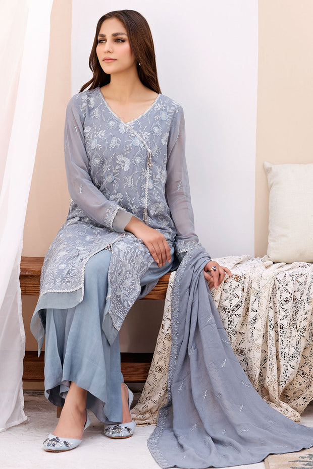 Pakistani Embroidered Grey Kameez with Trousers Eid Dress 2023