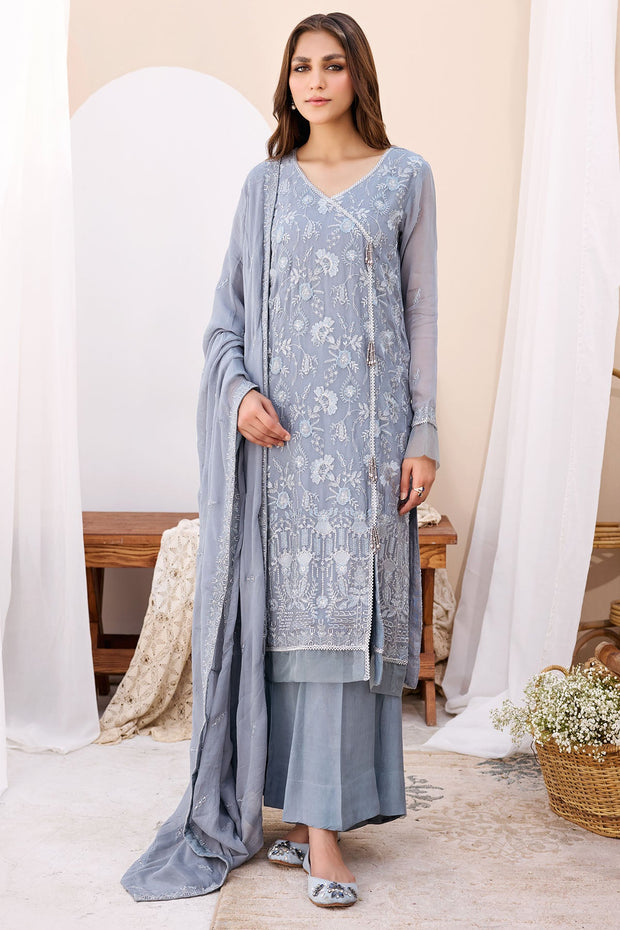 Pakistani Embroidered Grey Kameez with Trousers Eid Dress