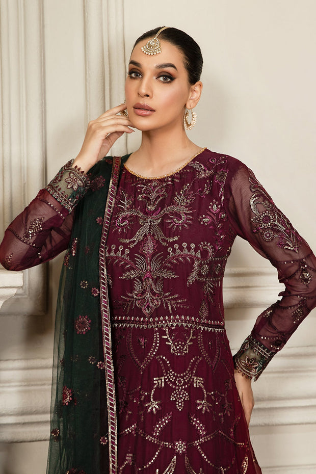 Pakistani Embroidered Long Frock in Maroon Color With Dupatta