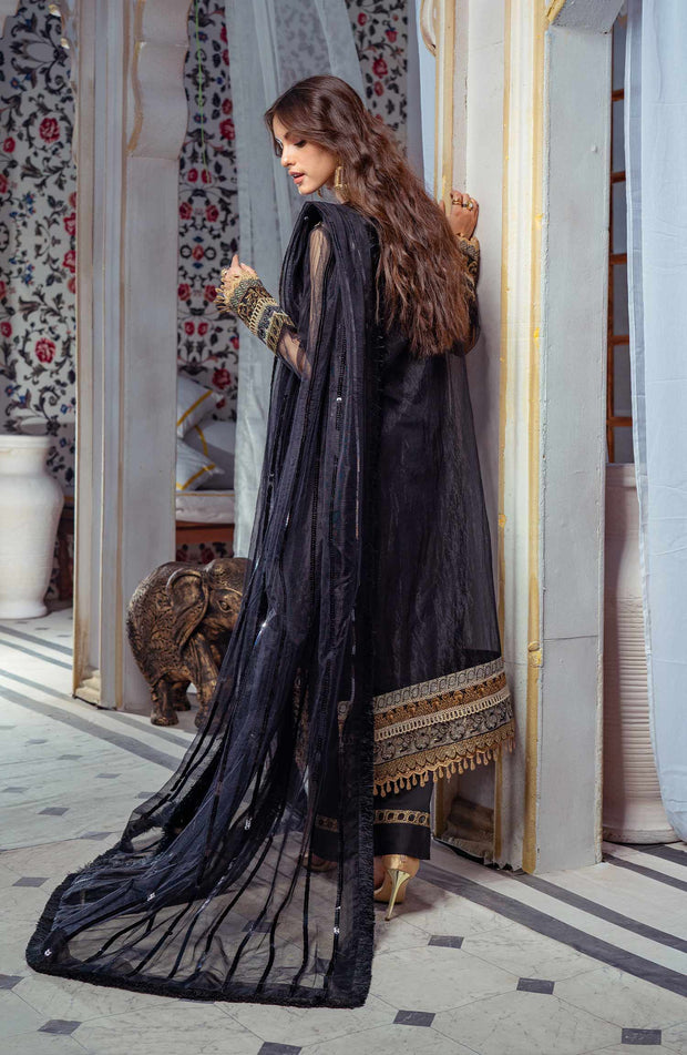 Pakistani Embroidered Net Kameez Dupatta in Black Color