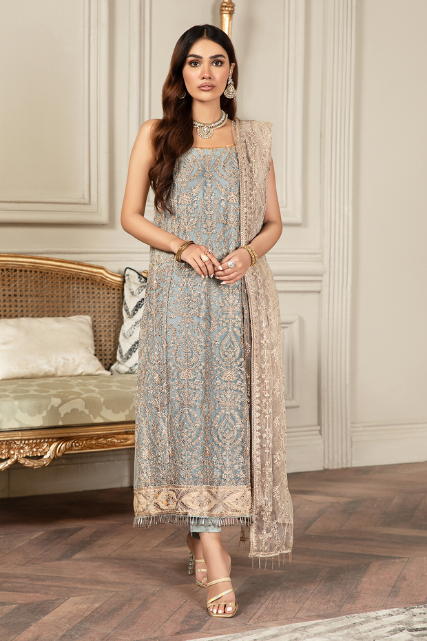 Pakistani Embroidered Sky Blue Kameez in Capri Style Party Wear