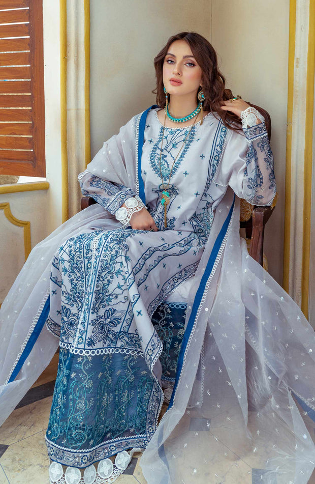 Pakistani Embroidered Suit in Kameez Trouser Dupatta Style