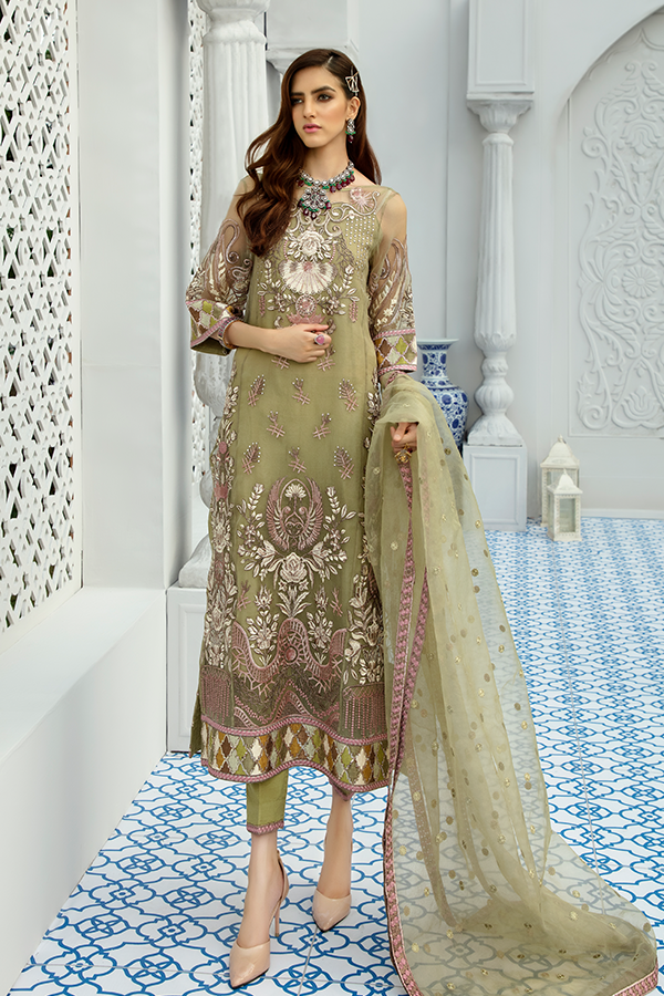 Pakistani Formal Wear Online From 2020 Collection In Olive # CA113