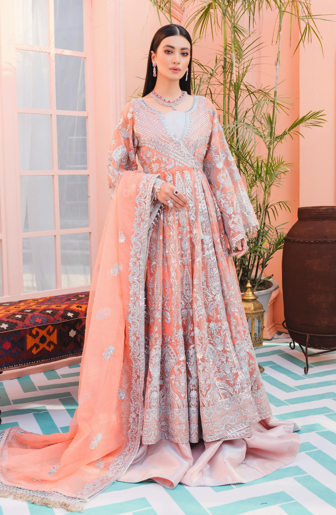 Pakistani Frock with Sharara in Peach Shade