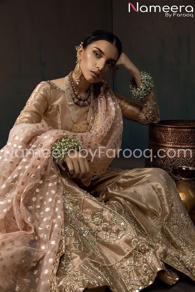 Pakistani Gold Bridal Gharara with Embroidery