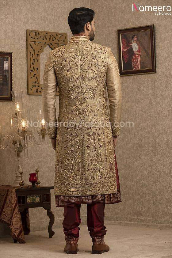 Pakistani Gold Sherwani for Groom with Red Shawl  Backside Look